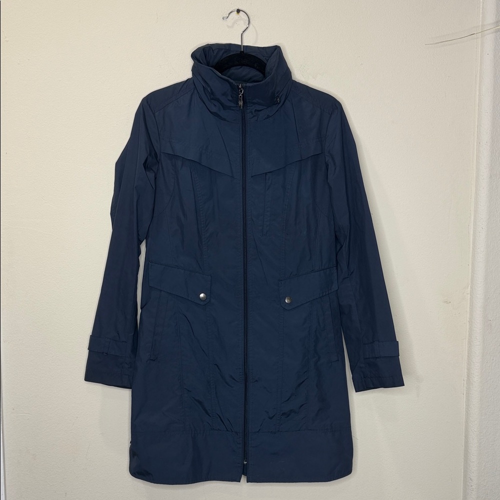 Cole Haan Womens Navy Blue Rain Trench Coat Hidden Hood Spring Jacket Packable